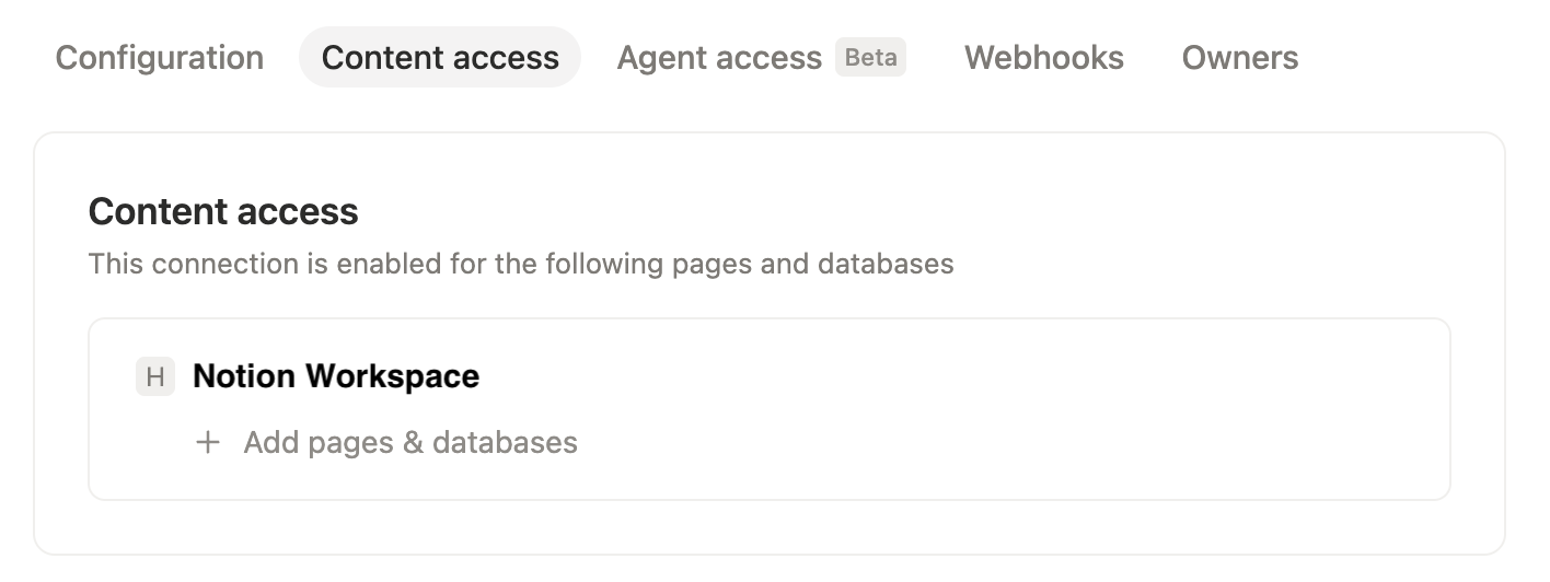 Notion Content access tab showing the option to add pages and databases