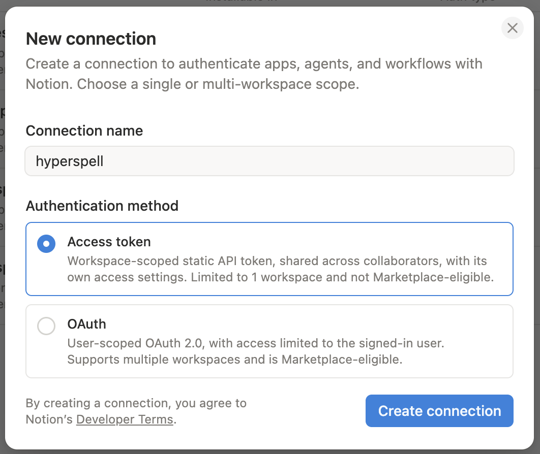 Creating a new Notion connection with the Access token authentication method selected