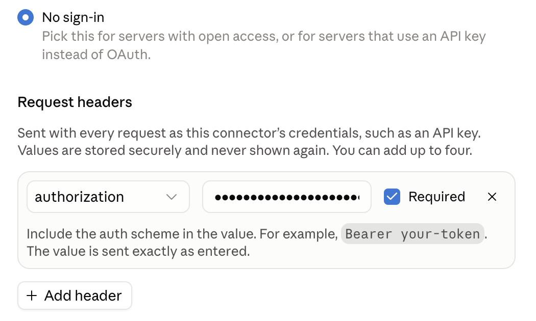 Claude's connector settings with No sign-in selected and an authorization request header filled in