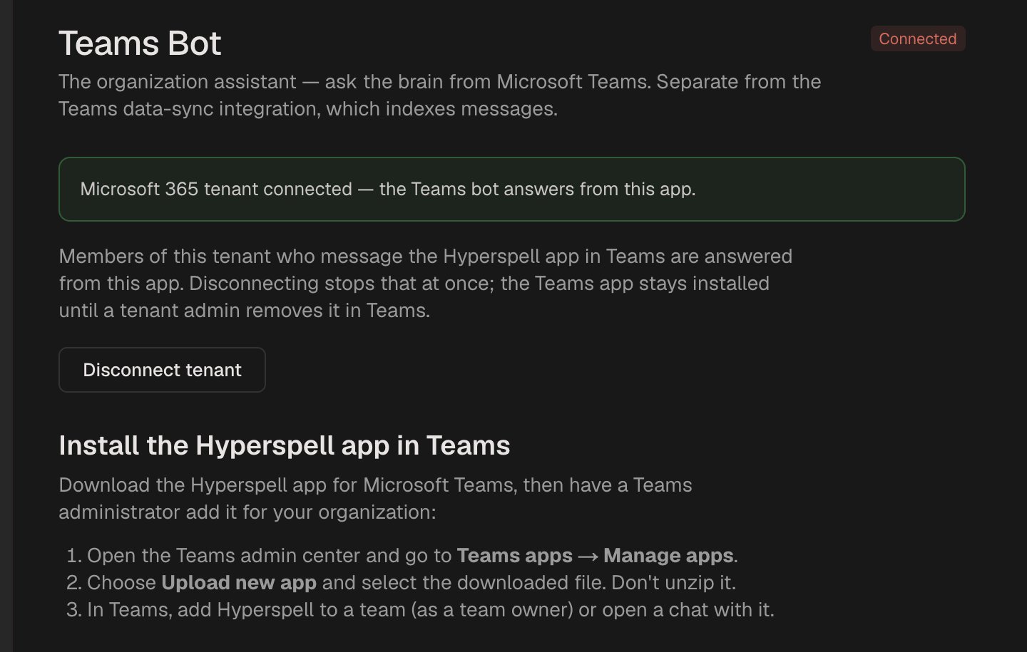 The Teams Bot tab in the Hyperspell dashboard, showing the Microsoft 365 tenant as connected