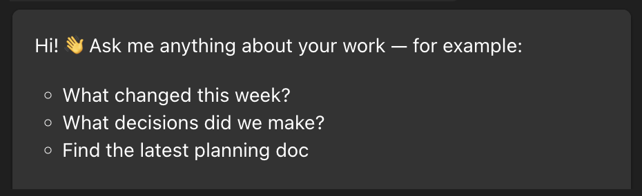 Hyperspell's first reply in a Teams chat, suggesting questions to ask