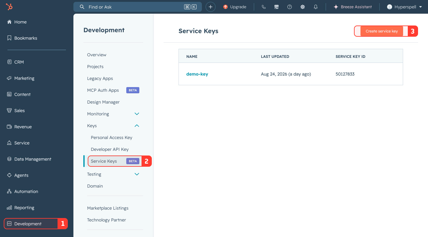 Creating a HubSpot Service Key with the crm.objects contacts, companies, and deals read scopes