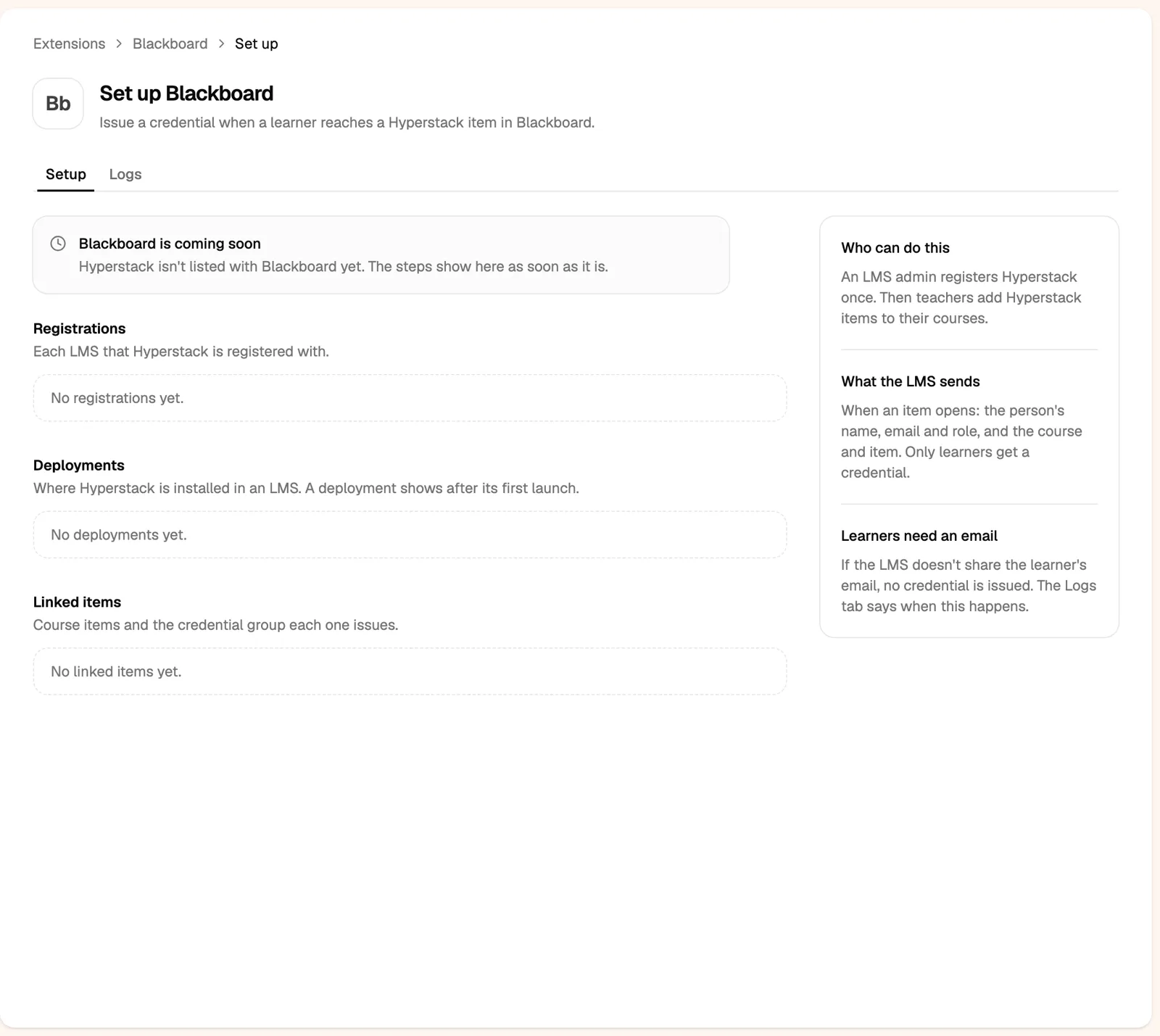 The Set up Blackboard page in Hyperstack