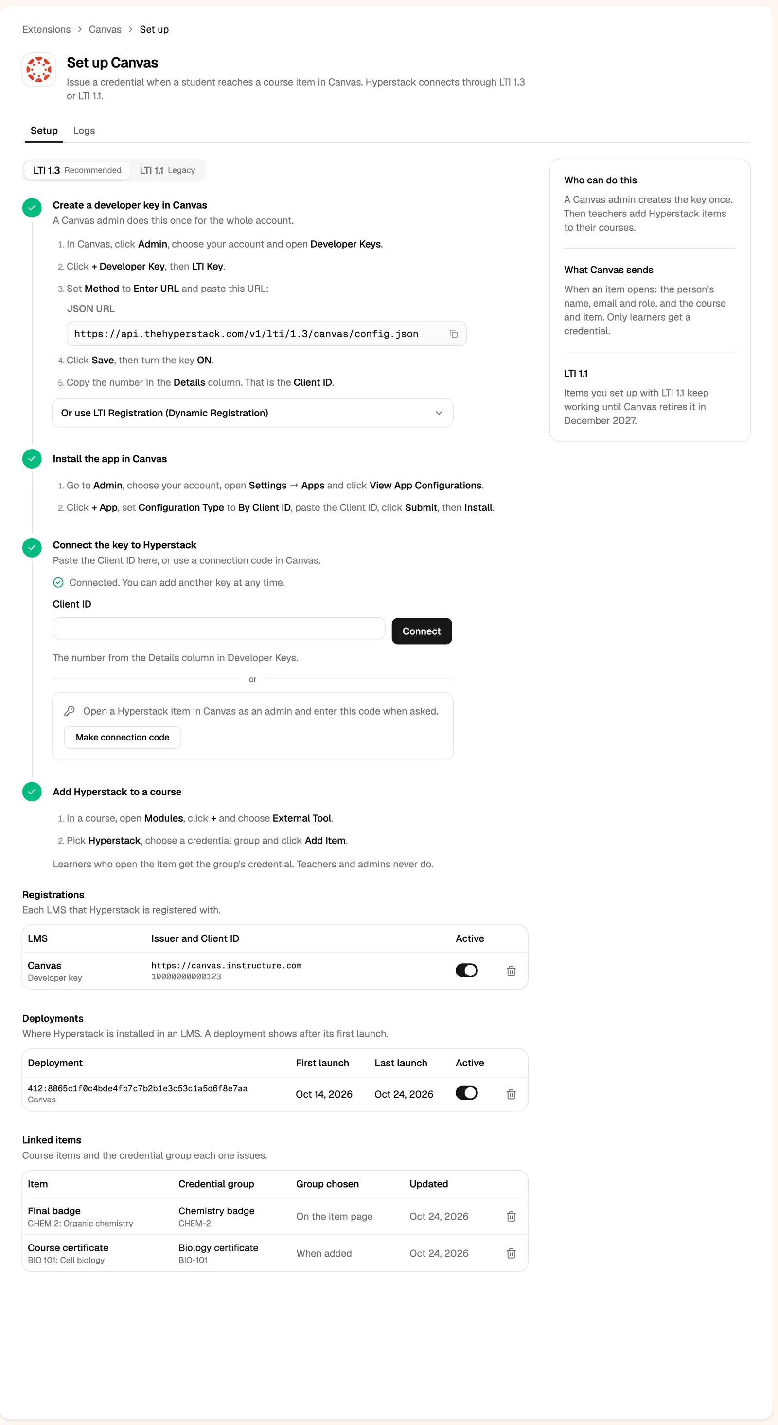 The Set up Canvas page in Hyperstack on the LTI 1.3 tab, with the four setup steps and the registrations, deployments and linked items lists