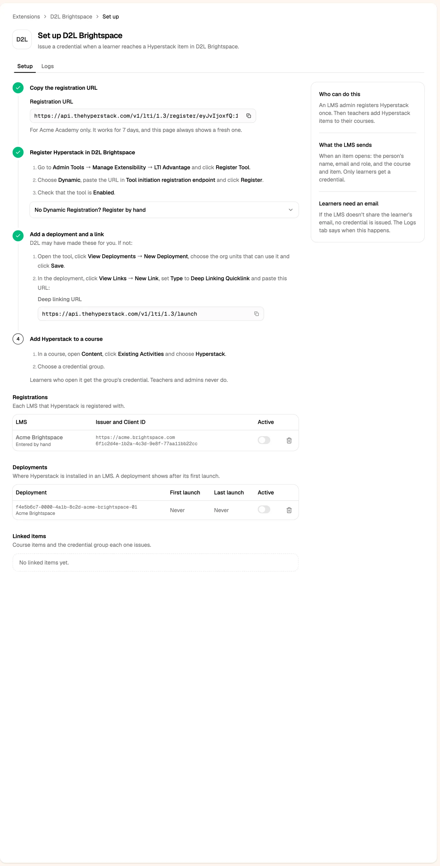 The Set up D2L Brightspace page in Hyperstack with the registration URL and the Brightspace steps