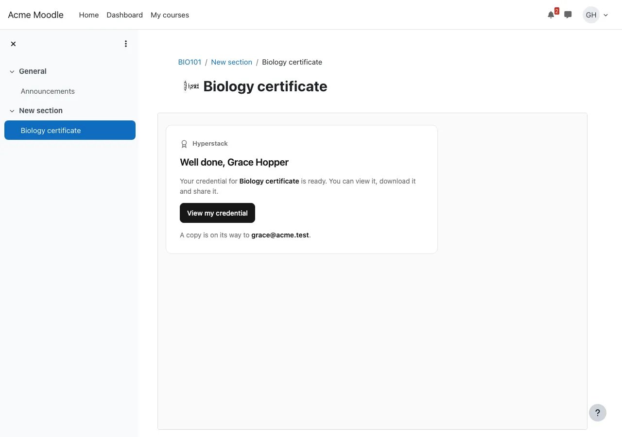A Moodle activity page showing Well done with the View my credential button
