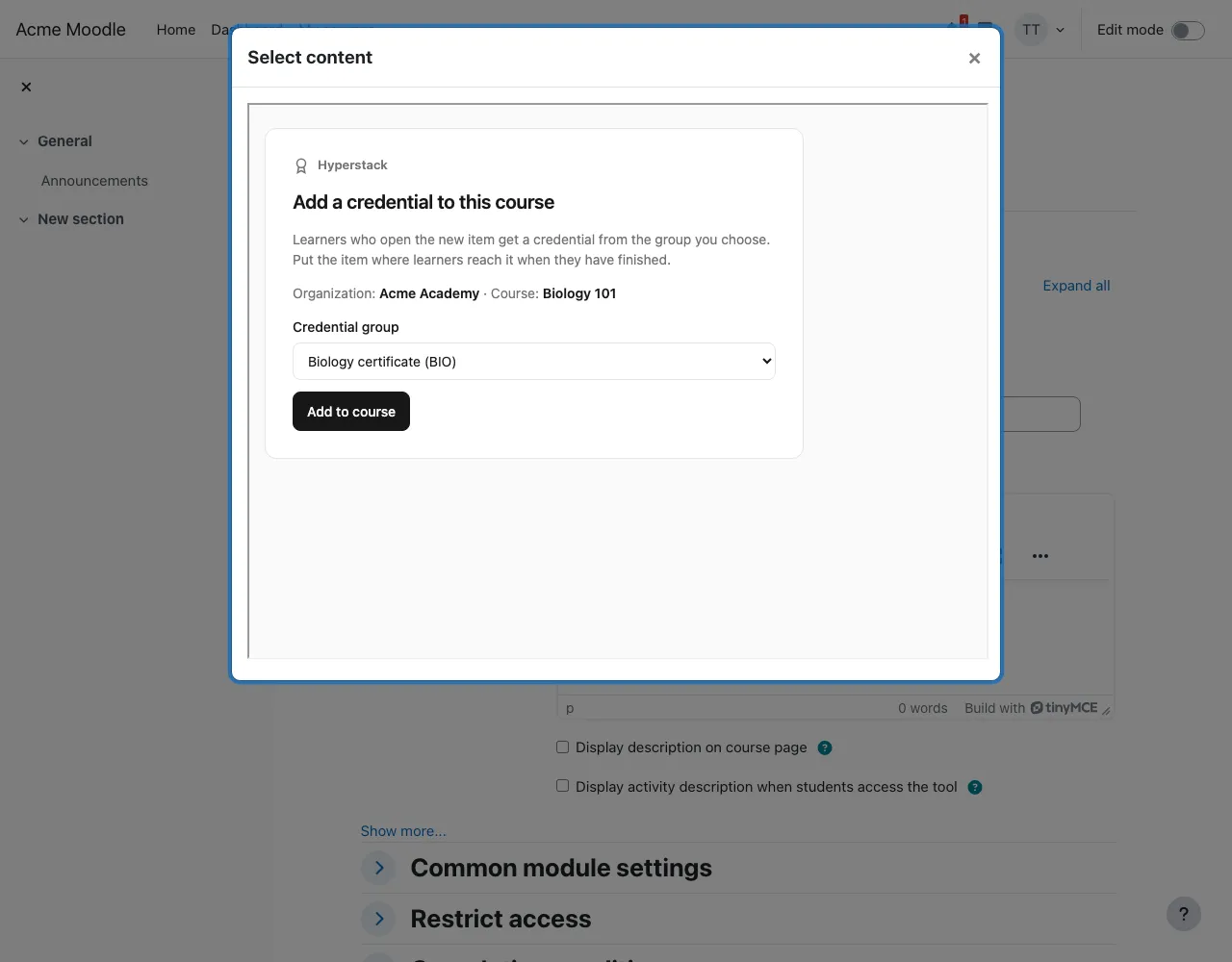 Moodle's Select content dialog showing Hyperstack's Add a credential to this course form