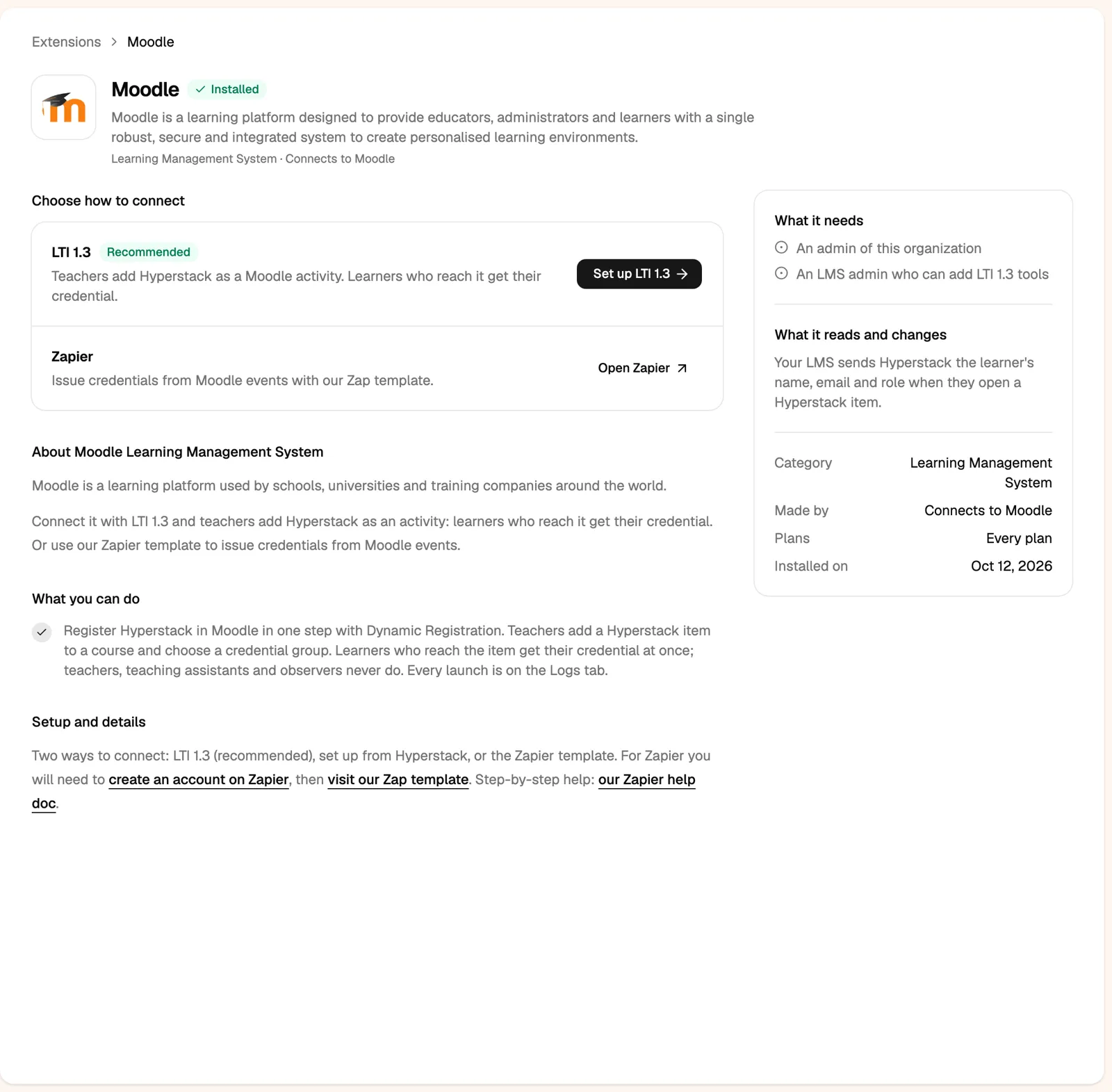 The Moodle extension in Hyperstack with Choose how to connect: LTI 1.3 (recommended) and Zapier