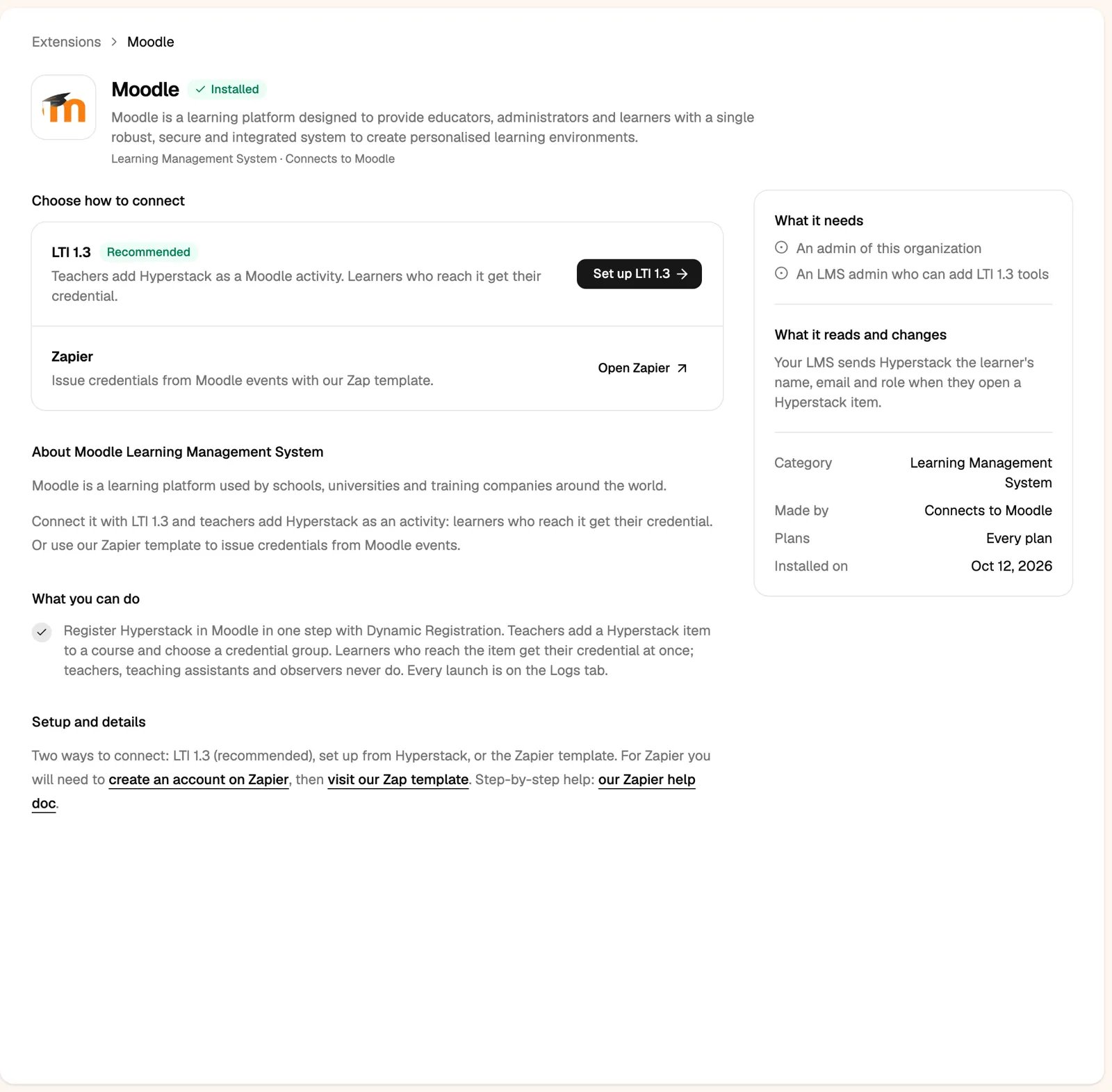 The Moodle extension in Hyperstack with Choose how to connect: LTI 1.3 (recommended) and Zapier