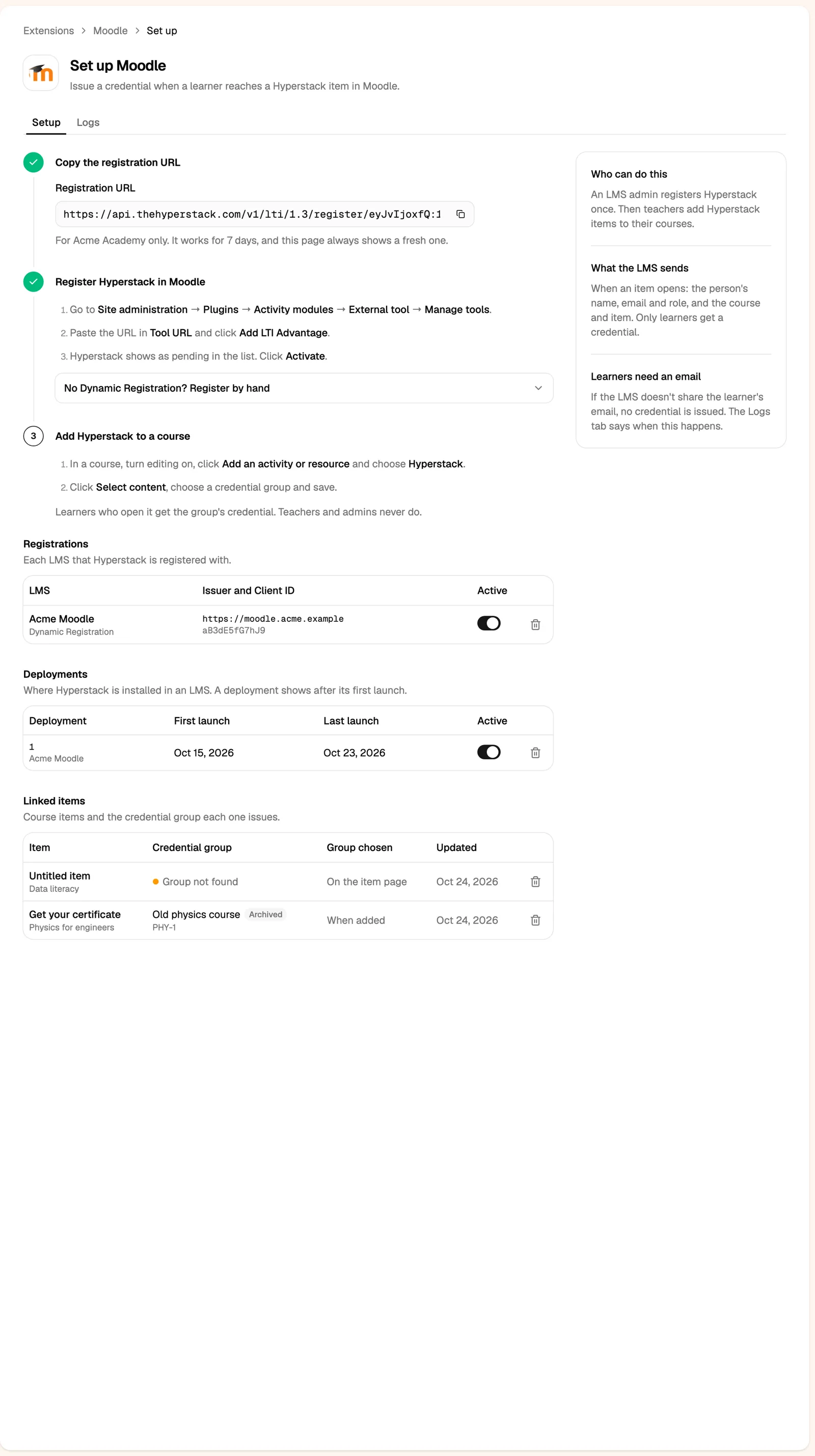 The Set up Moodle page in Hyperstack with the registration URL and the Moodle steps
