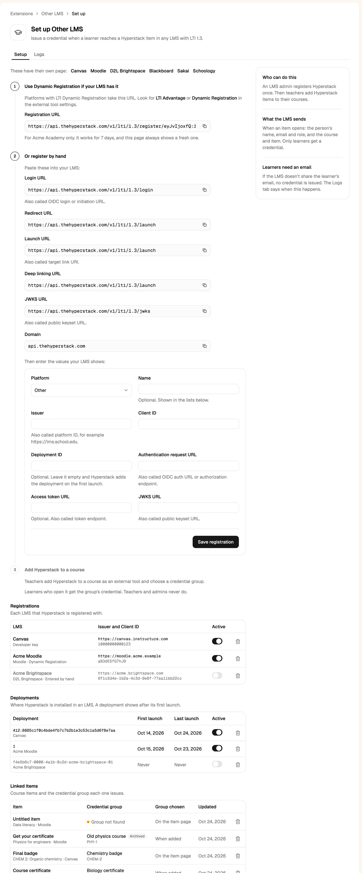 The Set up Other LMS page in Hyperstack with the registration URL, our values and the manual form