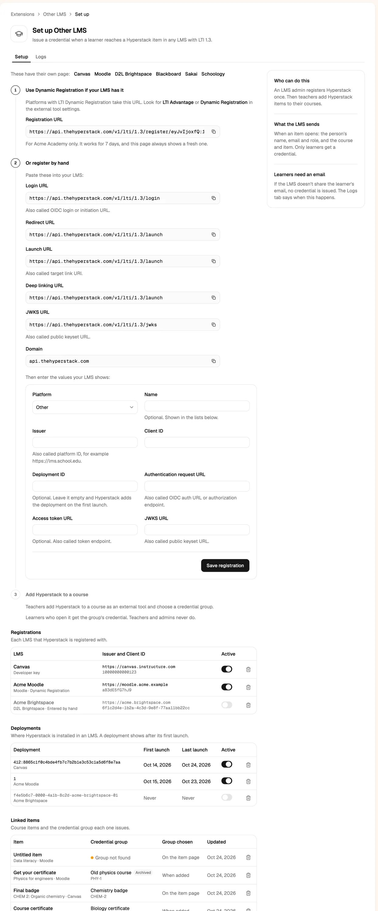 The Set up Other LMS page in Hyperstack with the registration URL, our values and the manual form