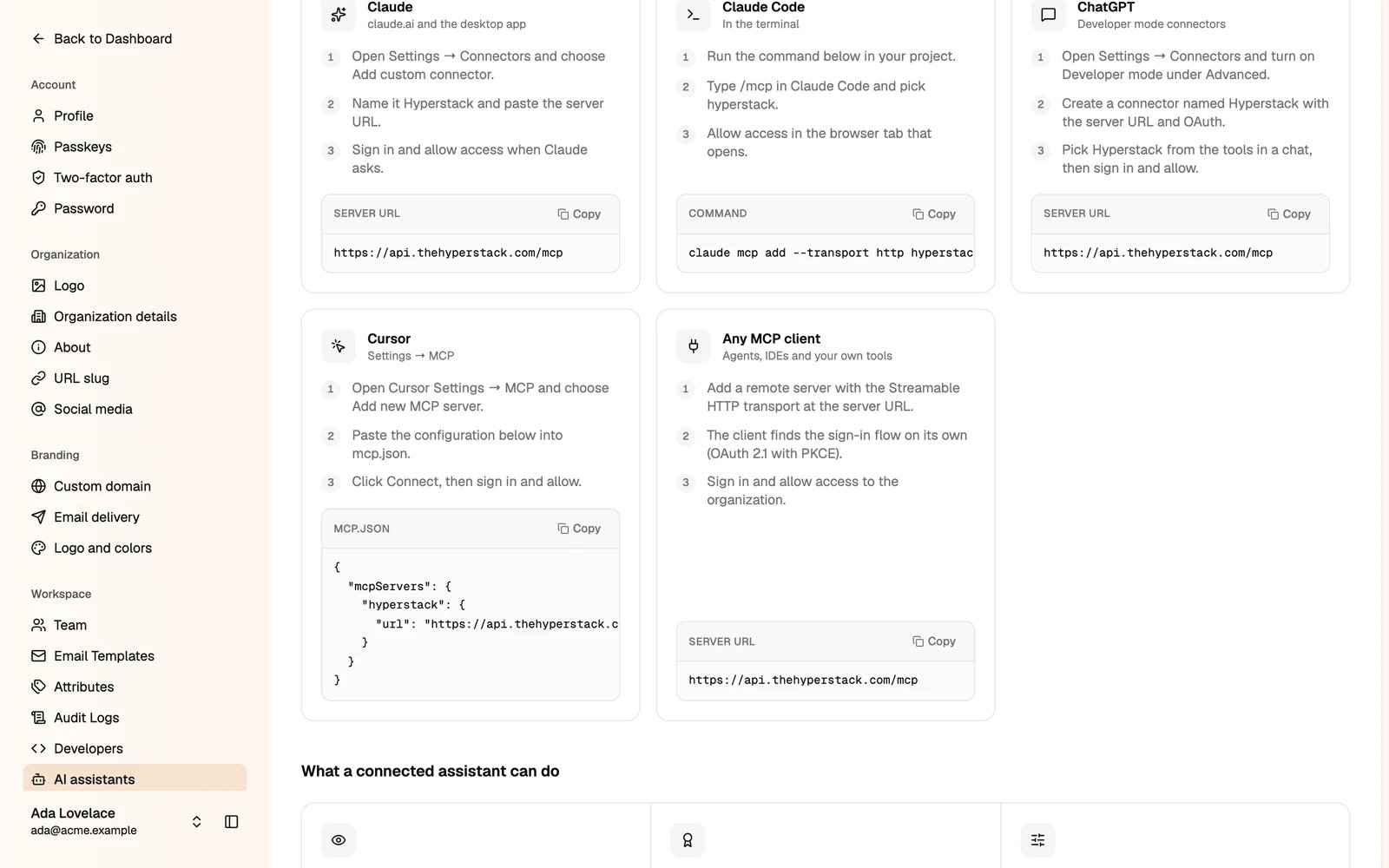 Connection steps for Claude, Claude Code, ChatGPT, Cursor and any MCP client