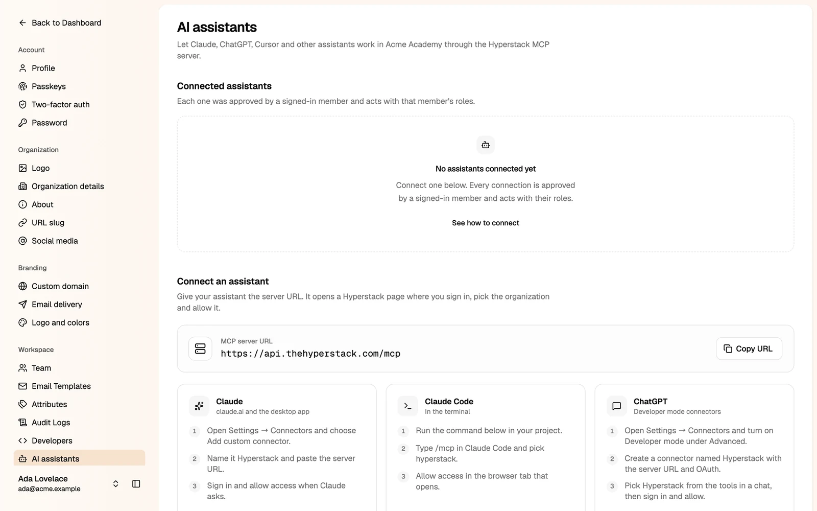 The AI assistants page with the MCP server URL
