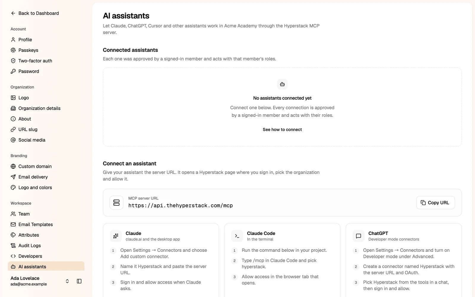 The AI assistants page with the MCP server URL