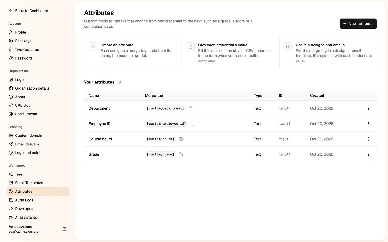 The Attributes page with four attributes and their merge tags