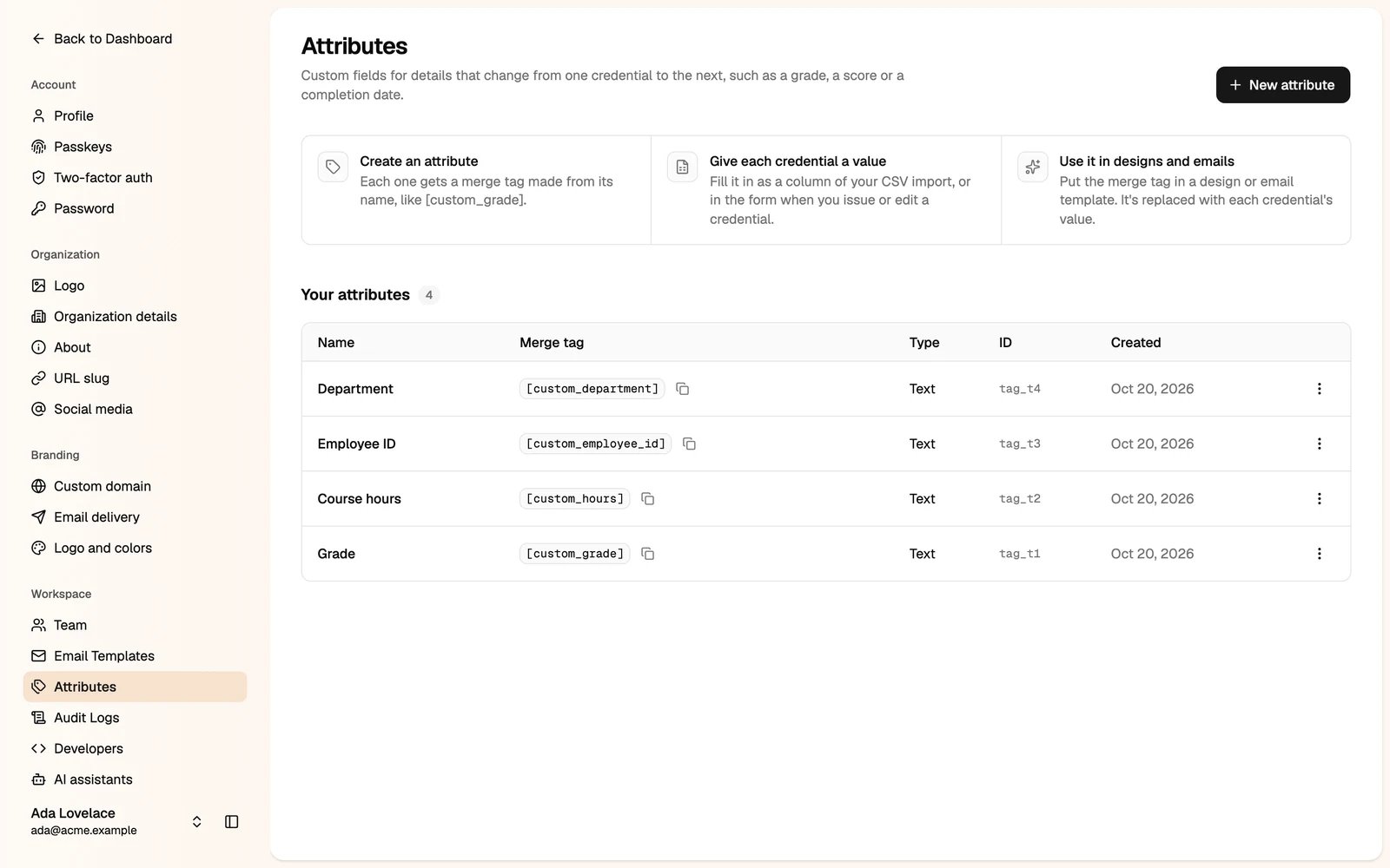 The Attributes page with four attributes and their merge tags