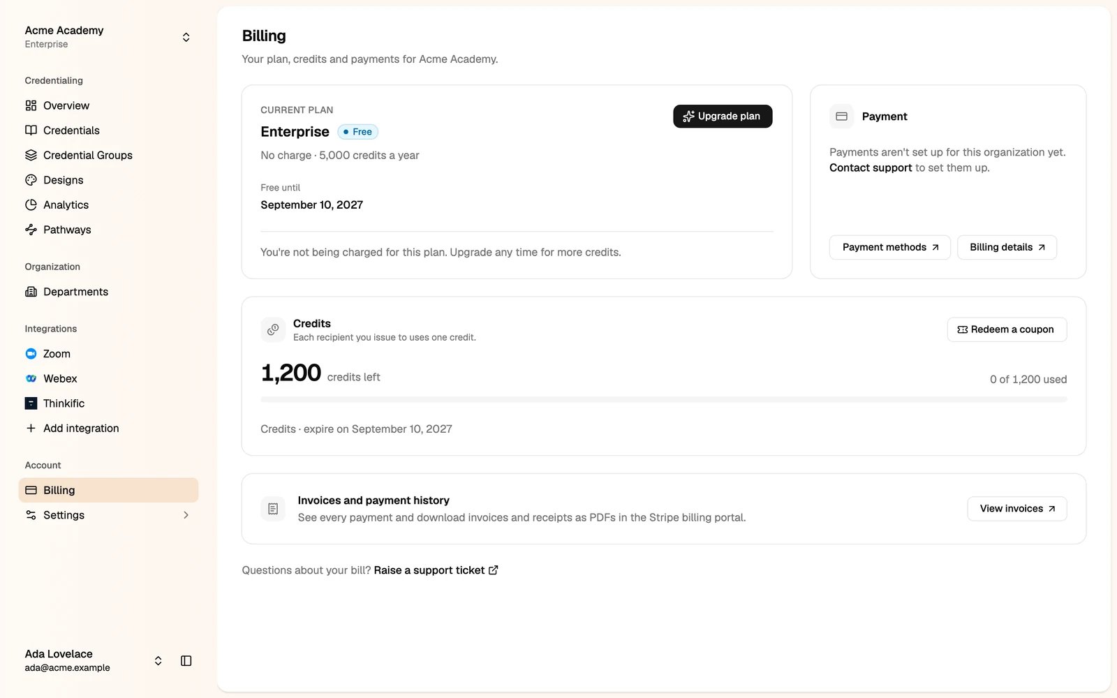 The Billing page with the current plan, payment and credits