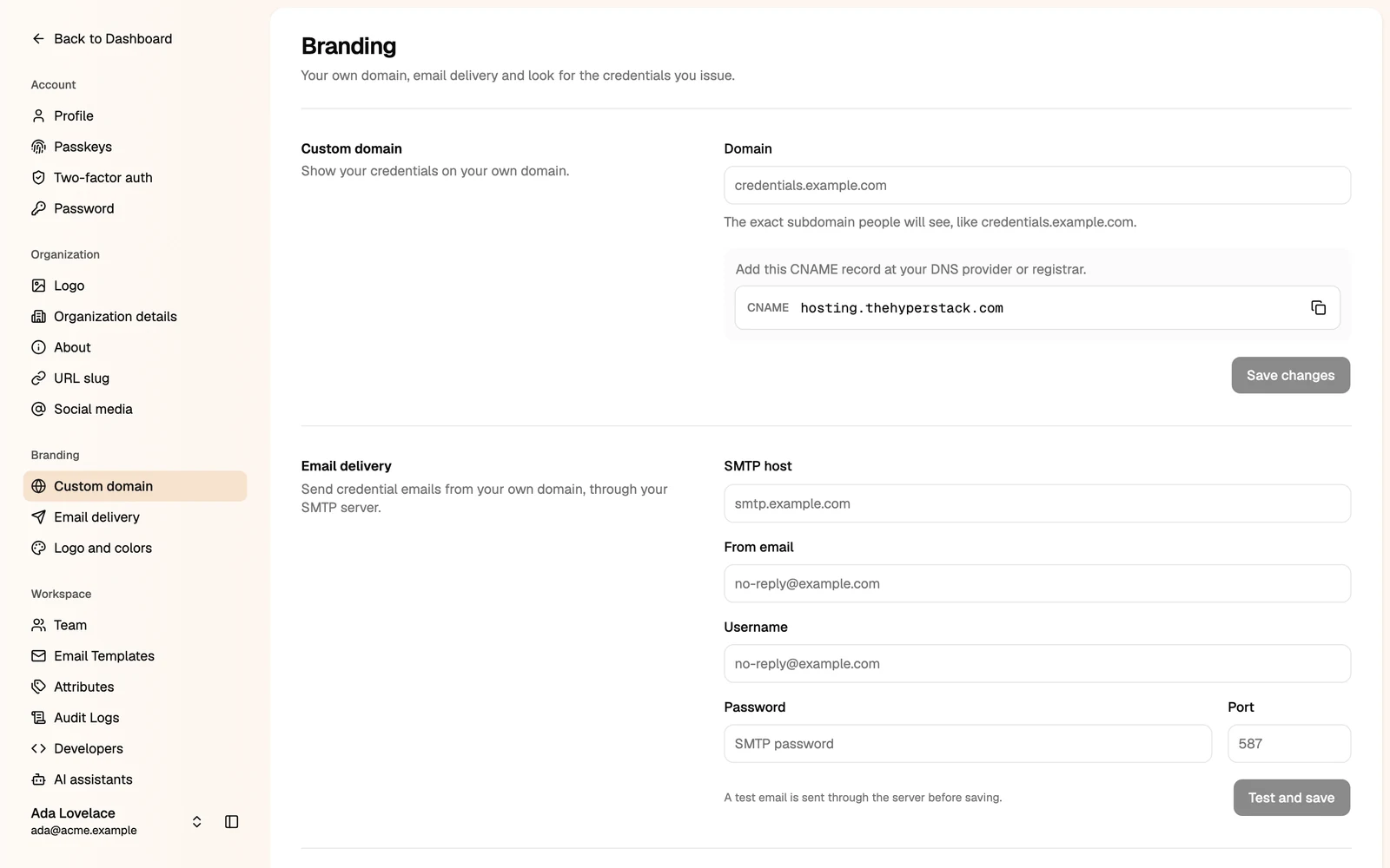 The Custom domain section with the domain field and the CNAME record