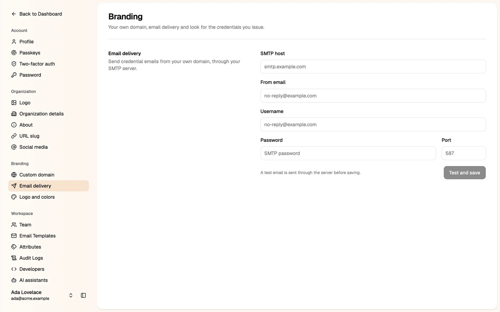 The Email delivery section with the SMTP fields