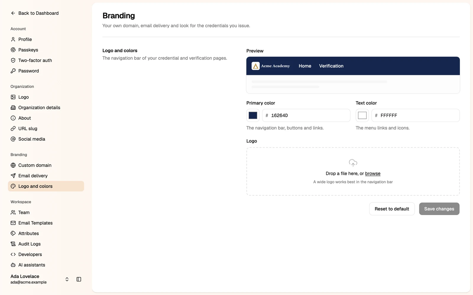 The Logo and colors section with a navy primary color