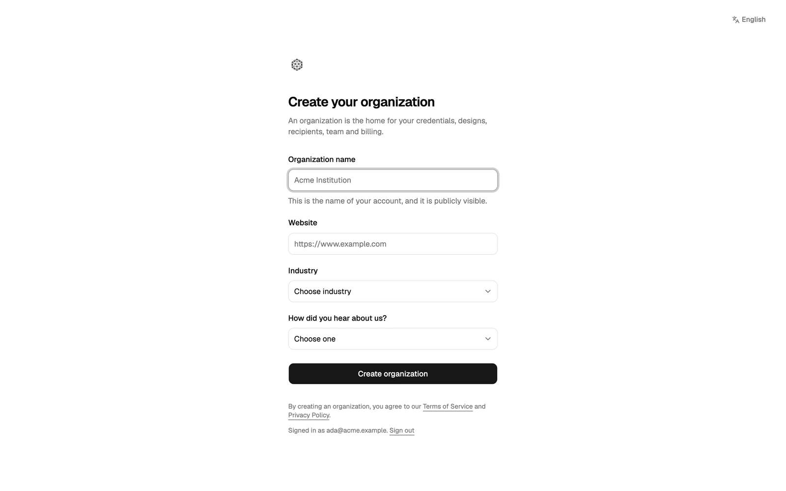 The Create your organization form