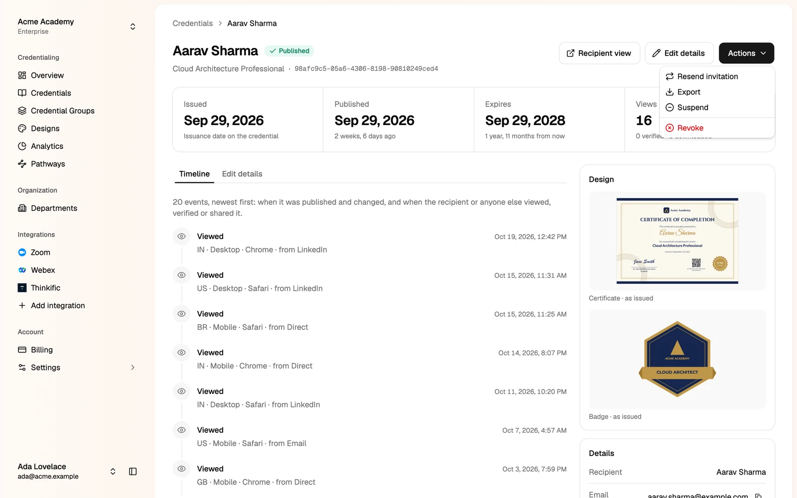 The Actions menu on a credential's page