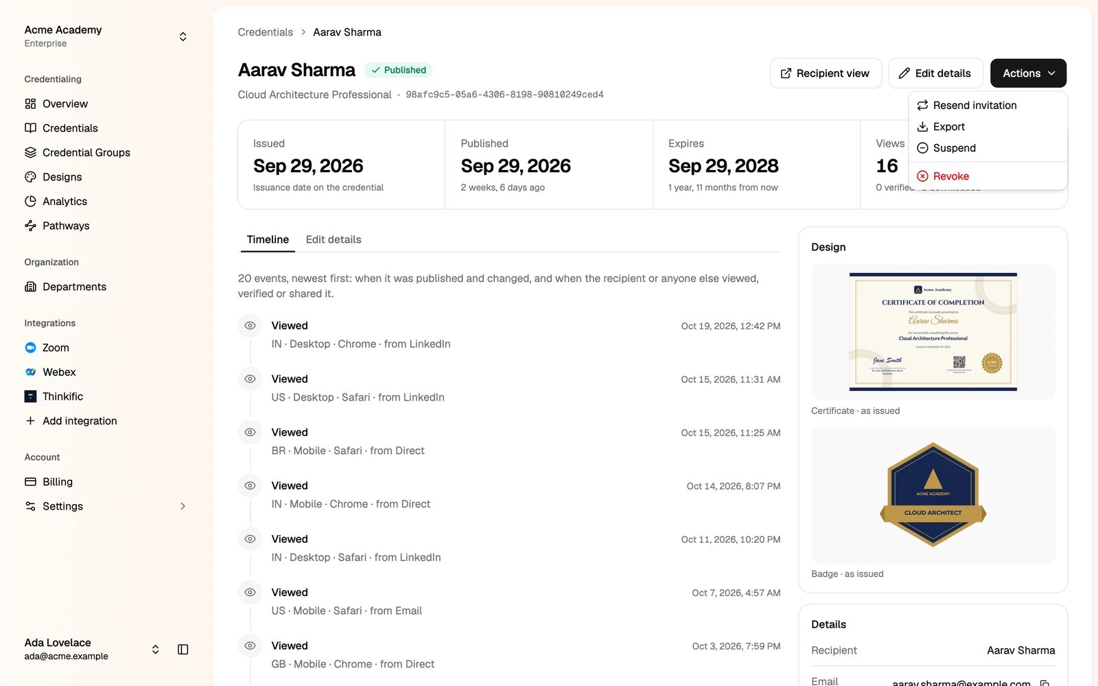 The Actions menu on a credential's page