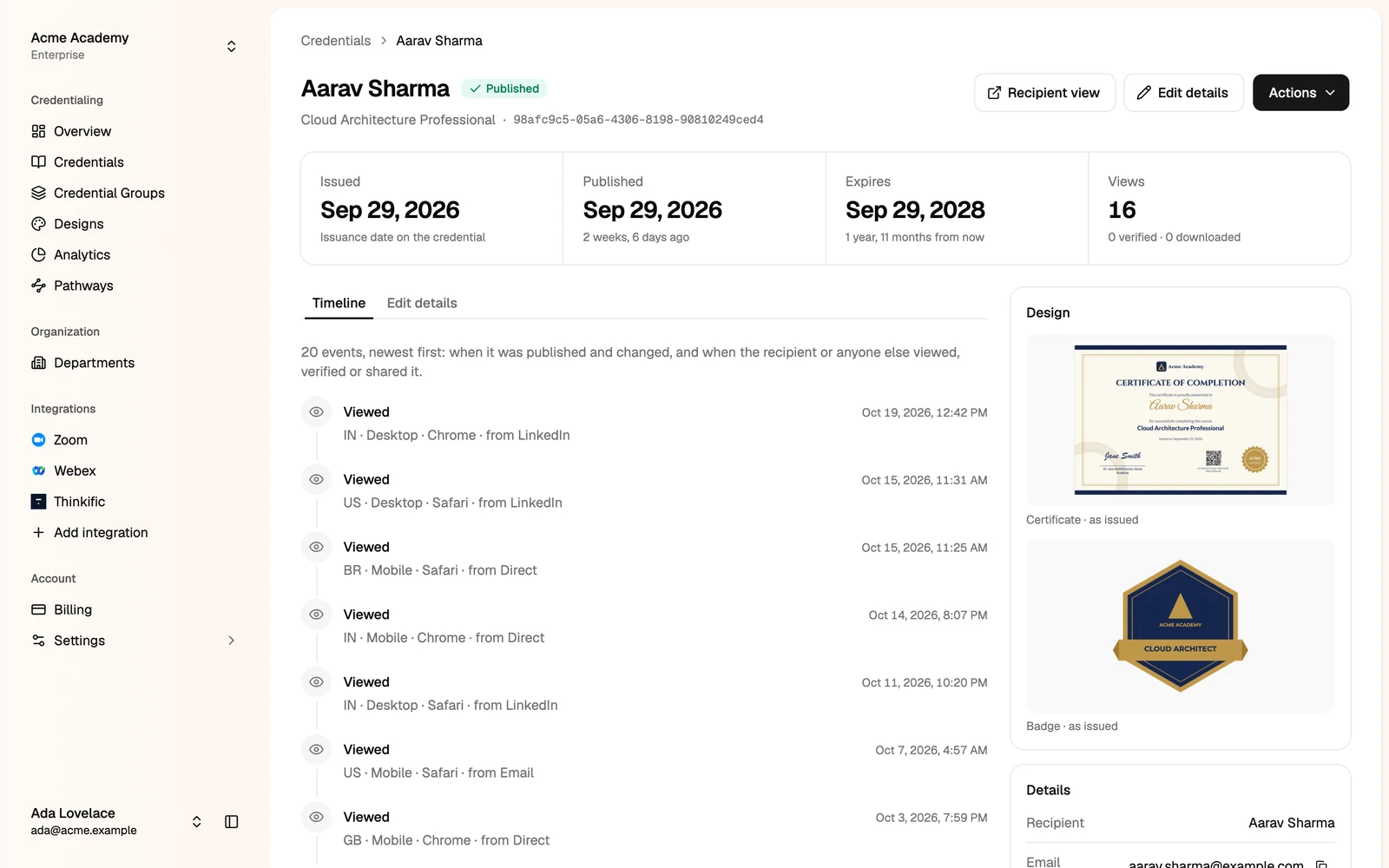 A credential's page with its dates, views, timeline and design