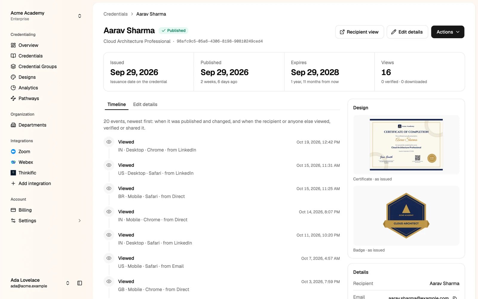 A credential's page with its dates, views, timeline and design