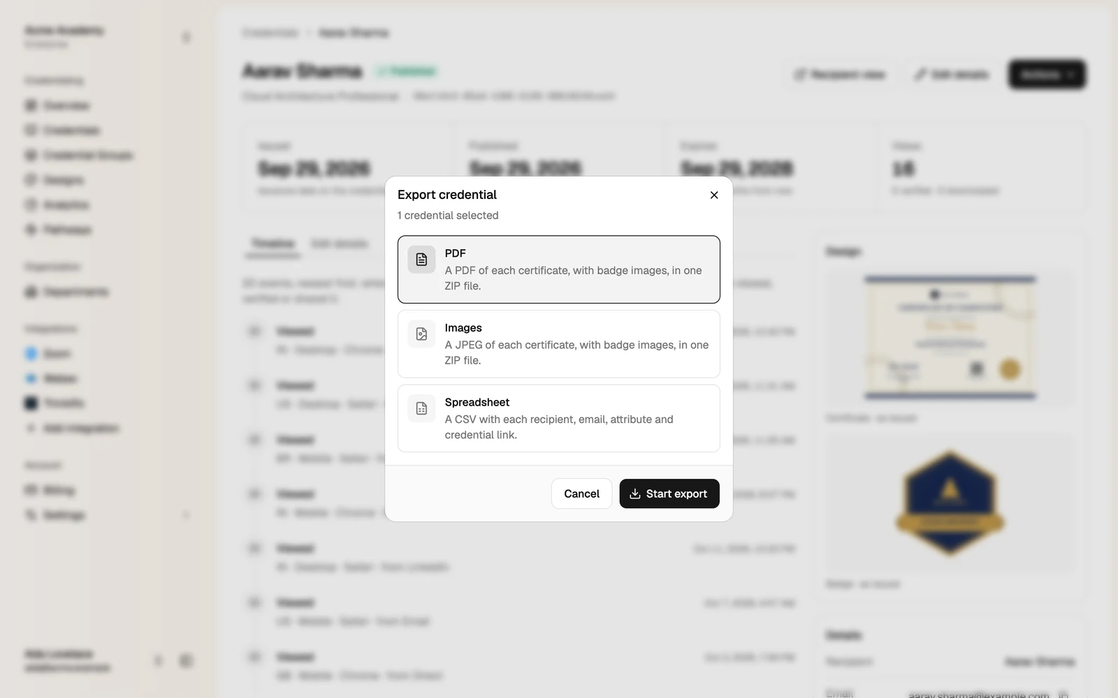 The Export dialog with PDF, Images and Spreadsheet