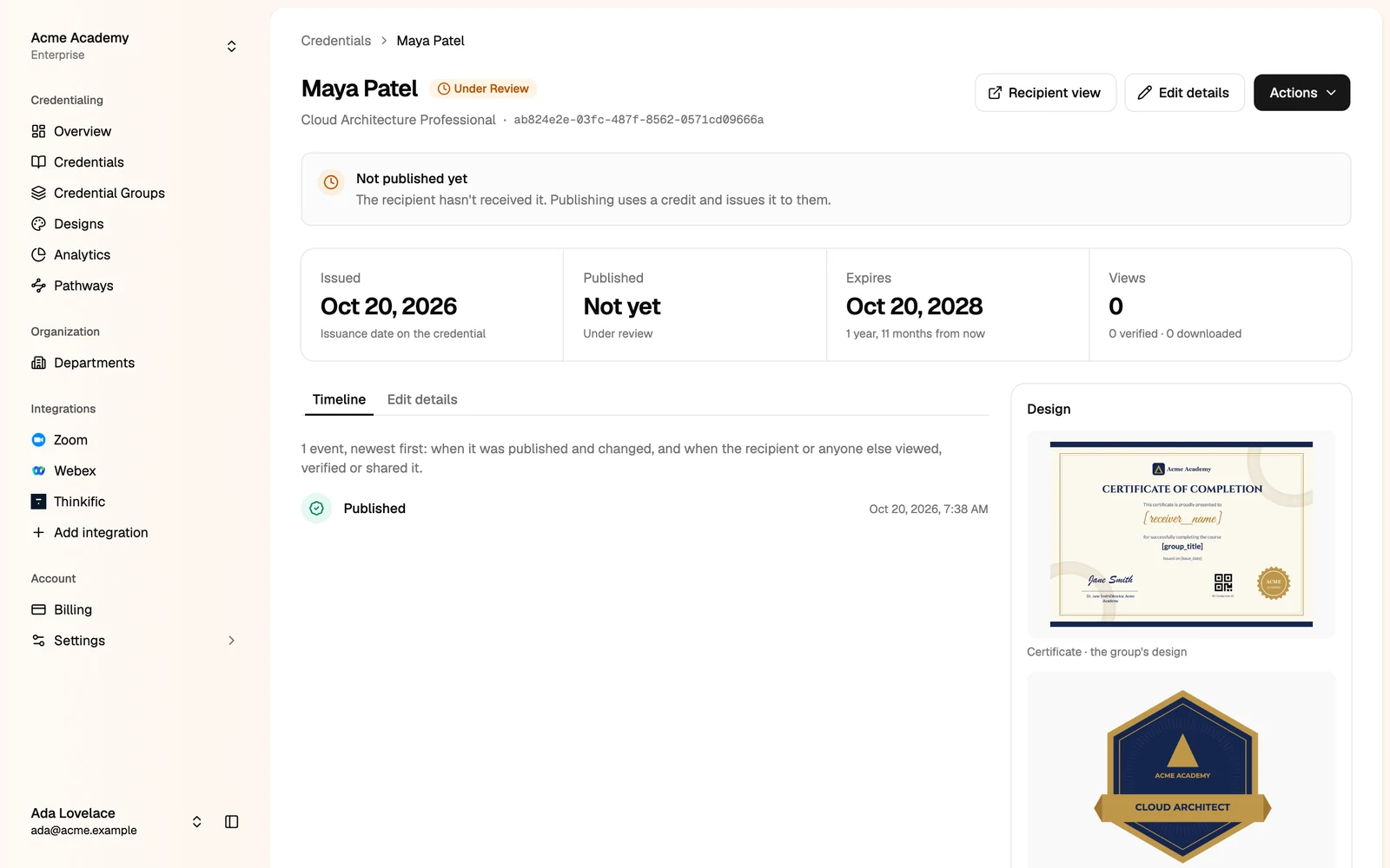 A credential under review, with Not published yet