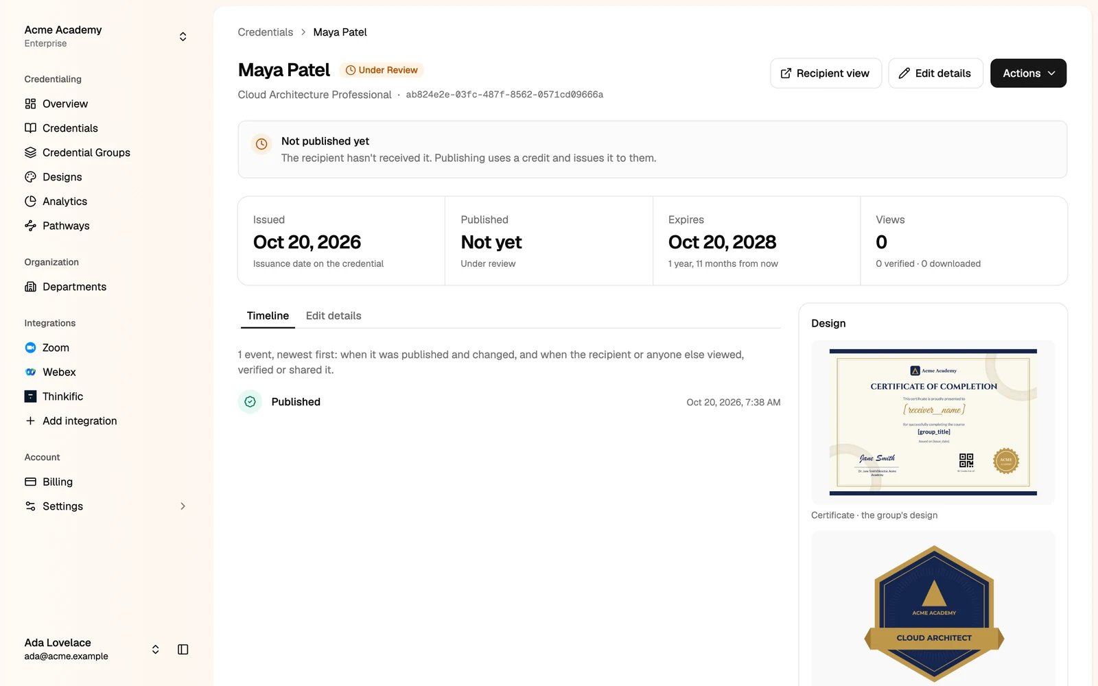 A credential under review, with Not published yet