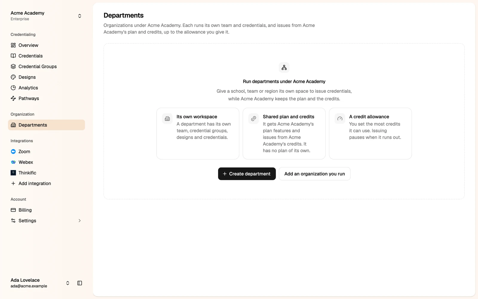The Departments page