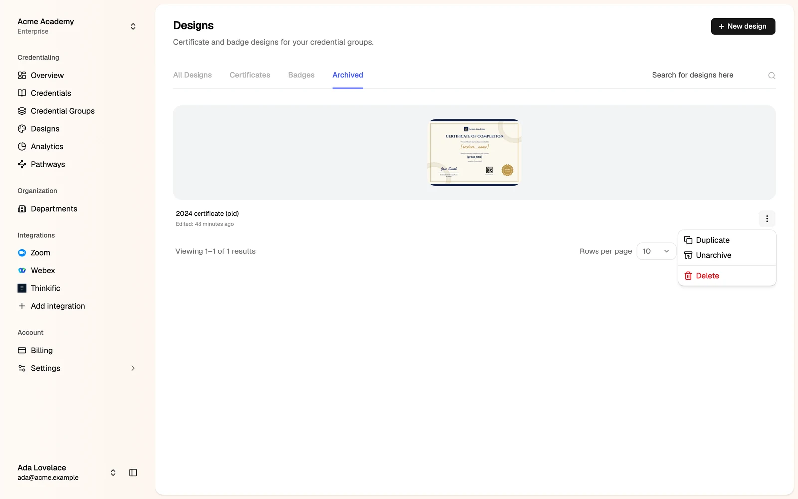 An archived design with Unarchive in its menu