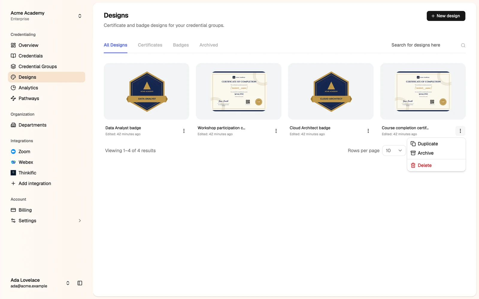 The design menu with Duplicate