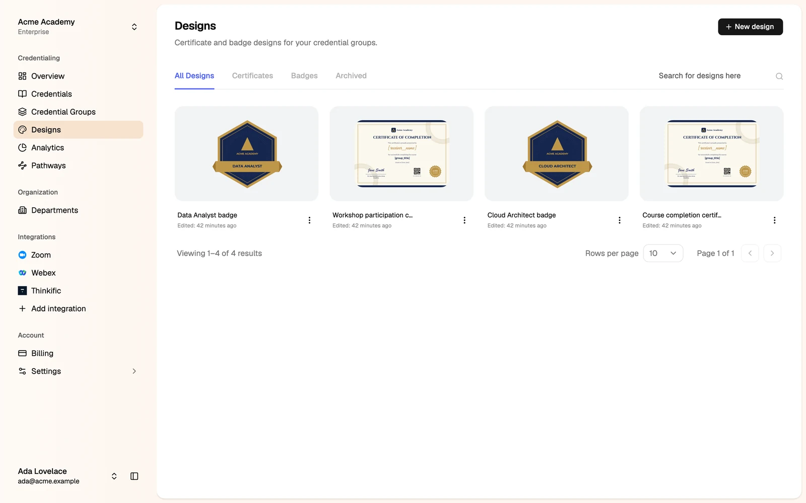 The Designs page with certificate and badge designs