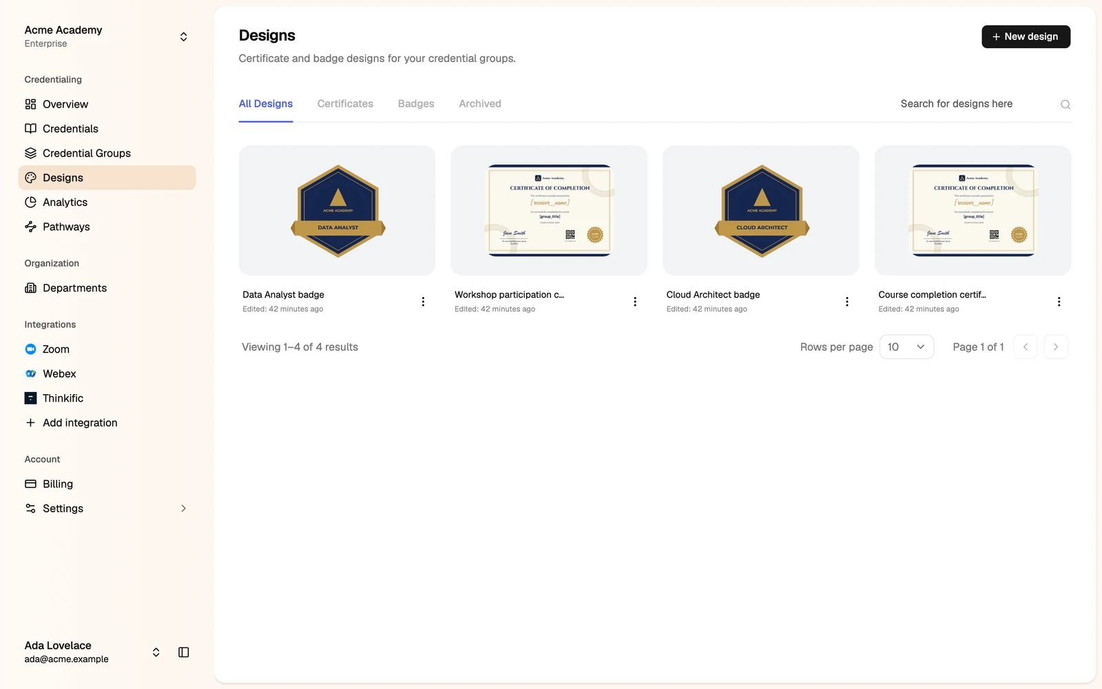 The Designs page with certificate and badge designs