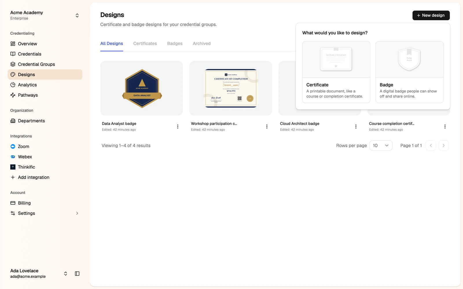 The New design menu with Certificate and Badge