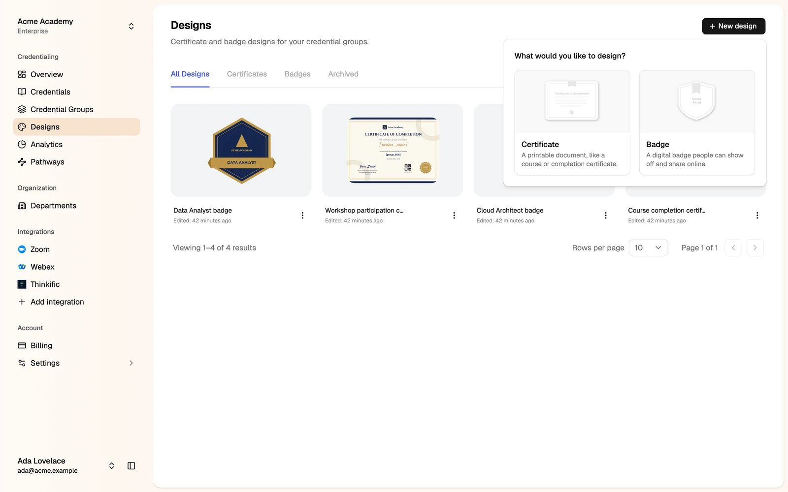 The New design menu with Certificate and Badge