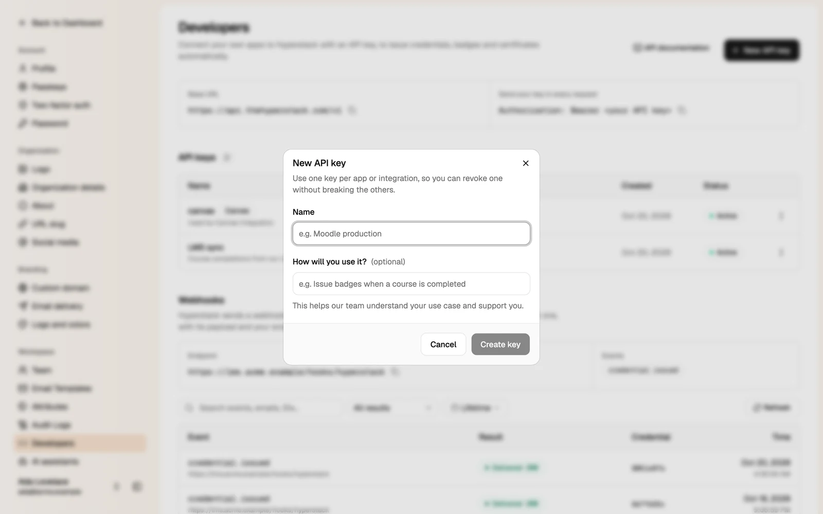 The New API key dialog