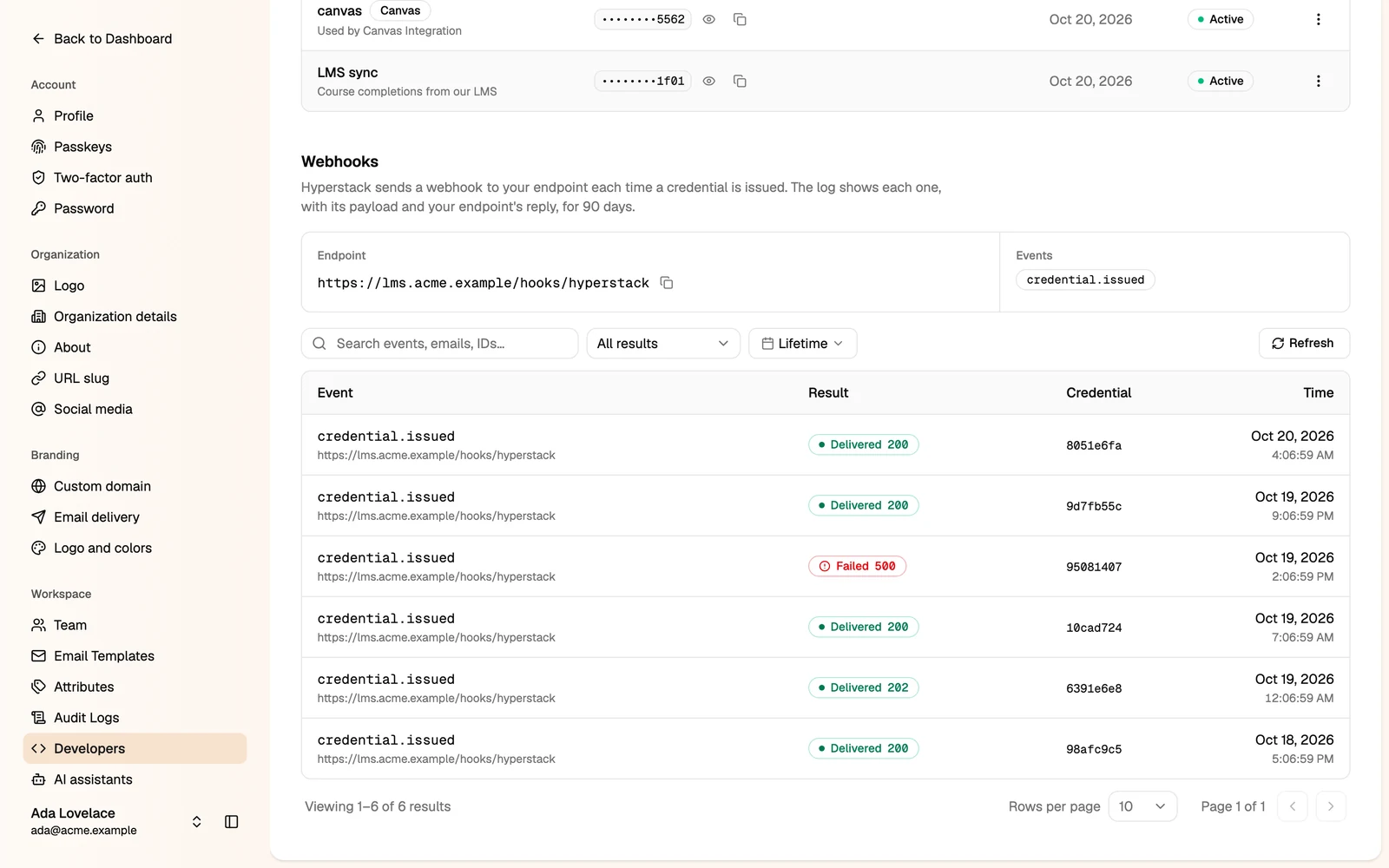 The webhook log with delivered and failed webhooks