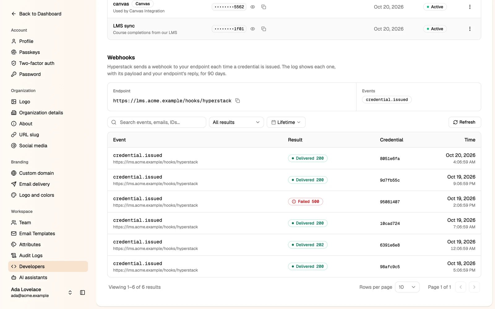 The webhook log with delivered and failed webhooks