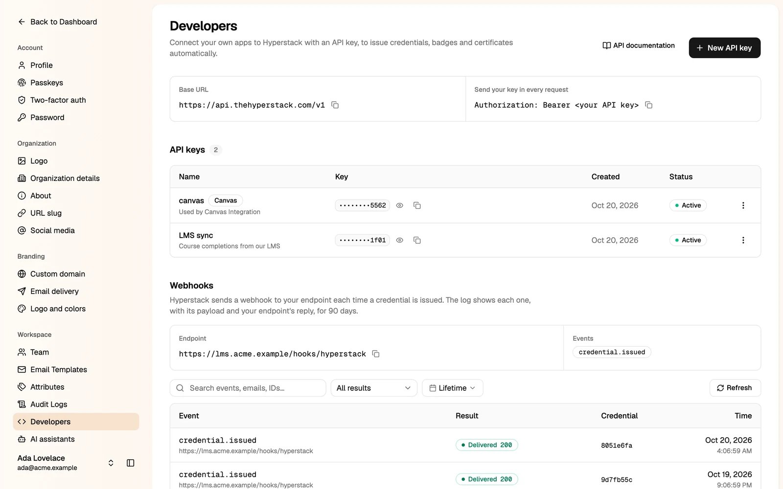 The Developers page with the base URL, the authorization header and the API keys
