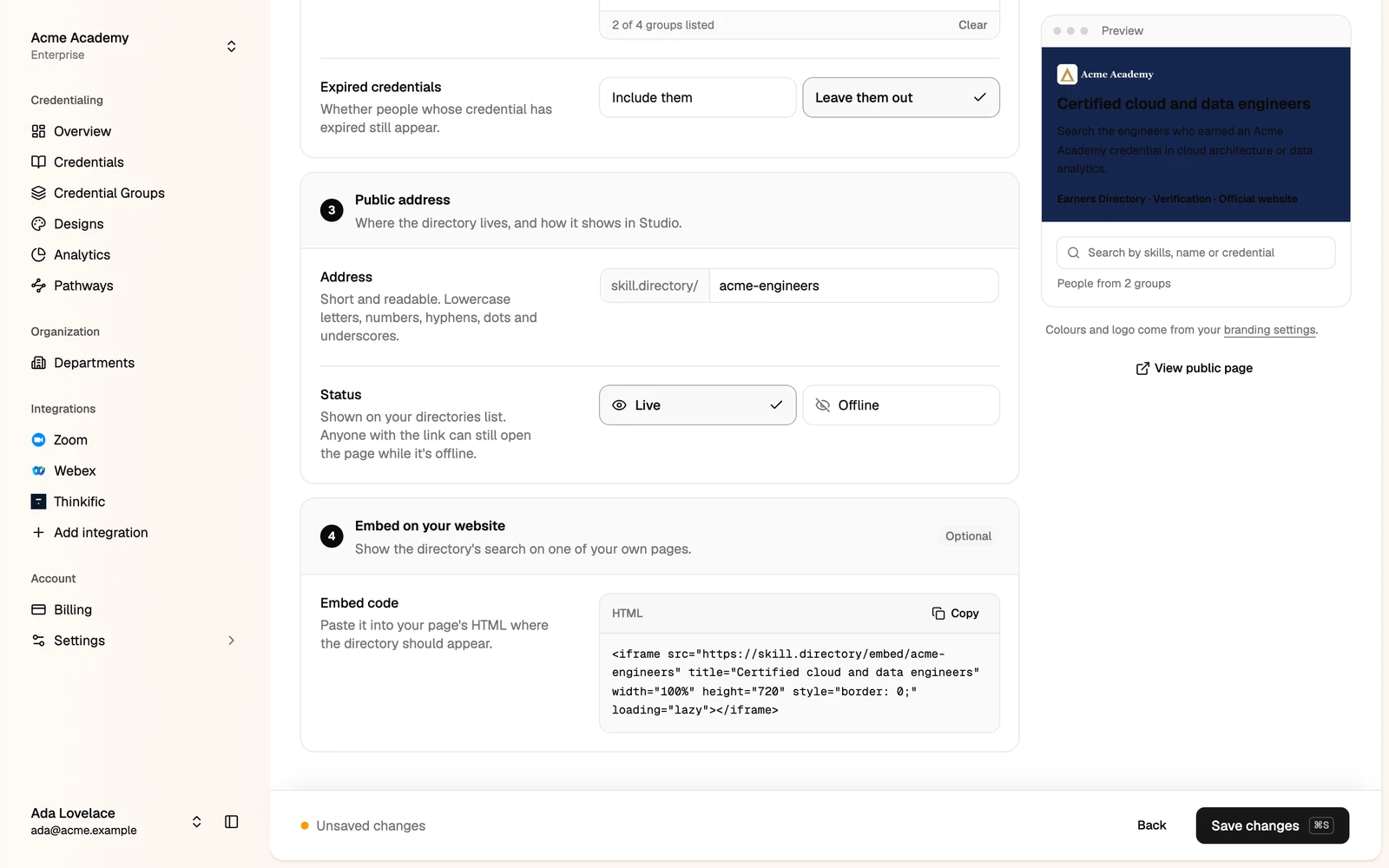 The public address, status and embed code of a directory