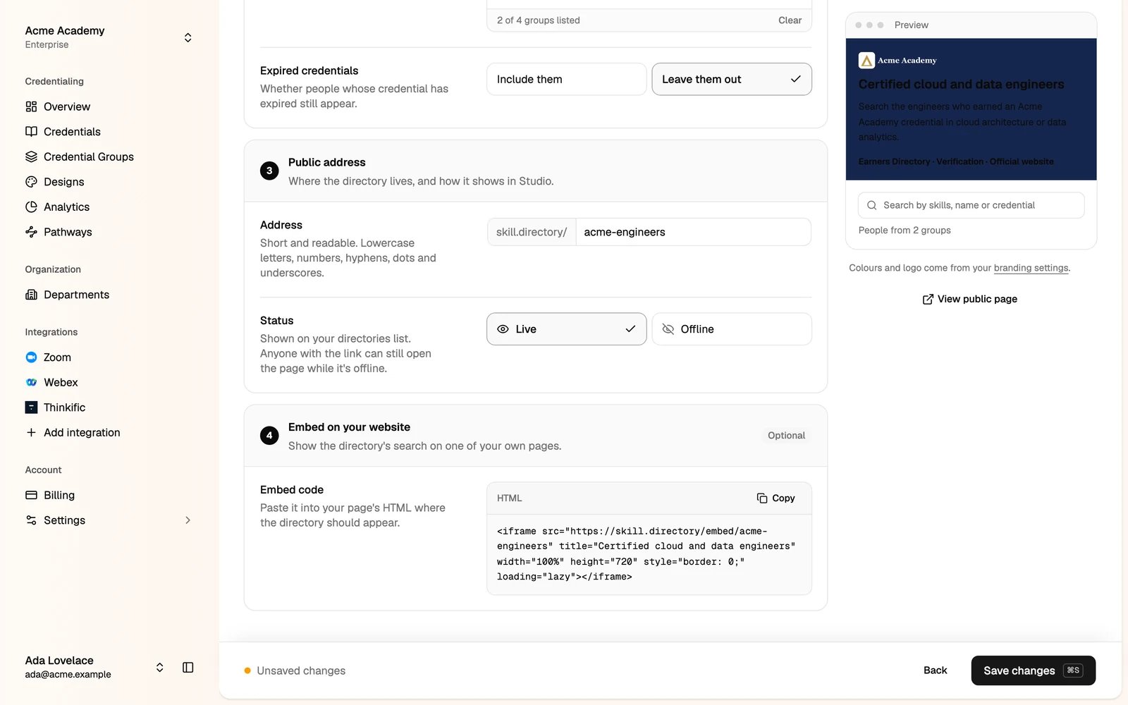 The public address, status and embed code of a directory
