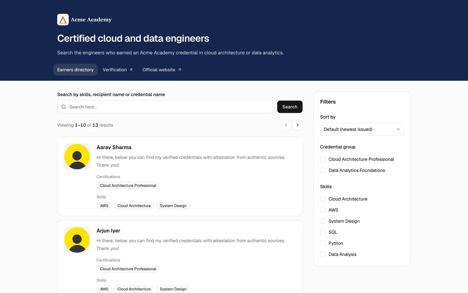 A public earners directory with search, filters and two listed people