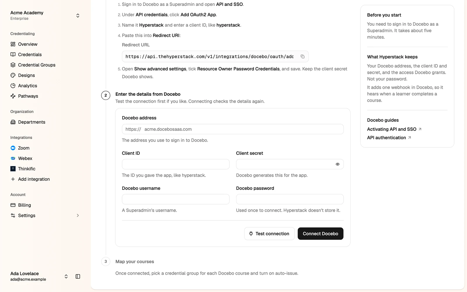 The Docebo connection form with Test connection and Connect Docebo