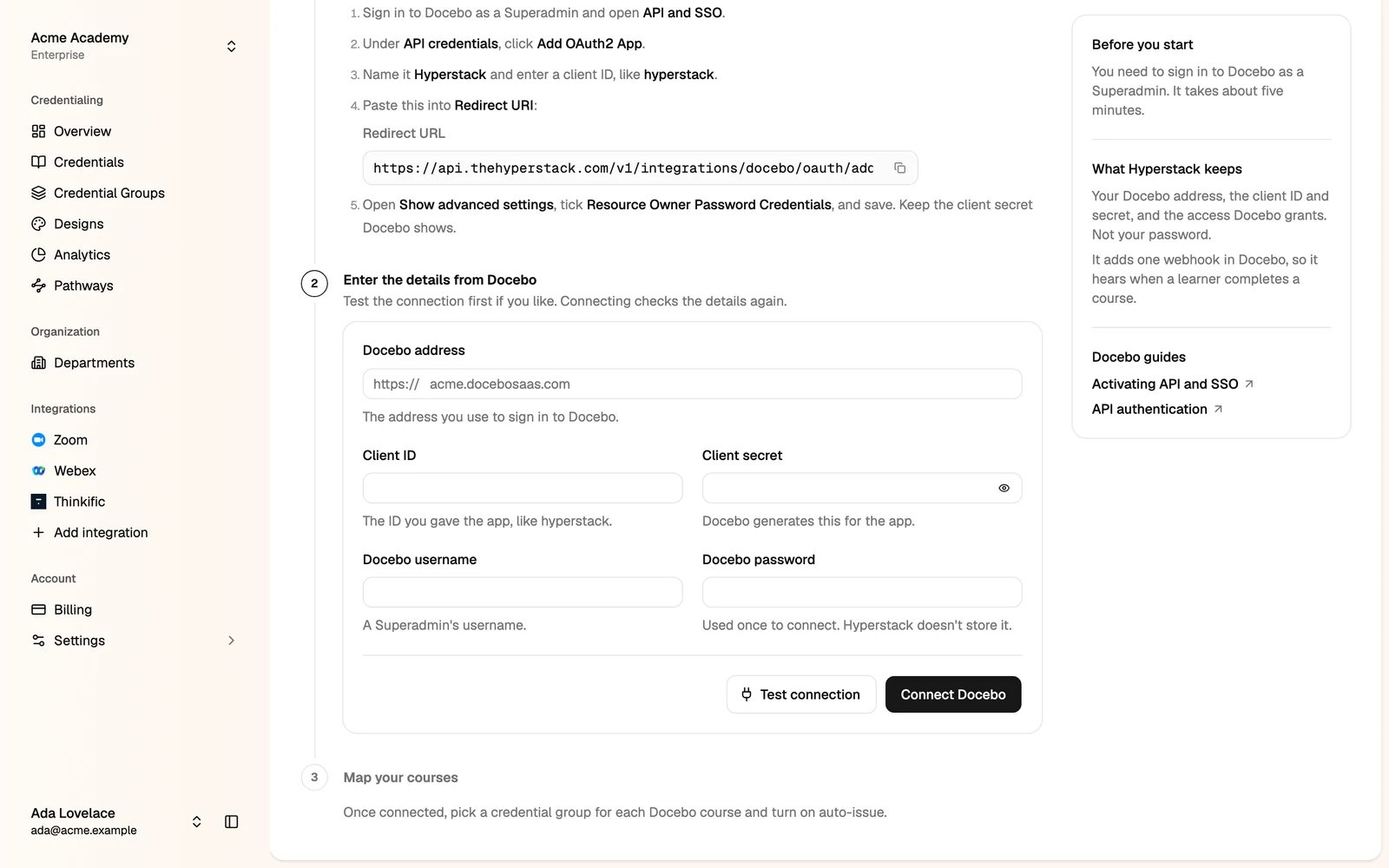 The Docebo connection form with Test connection and Connect Docebo