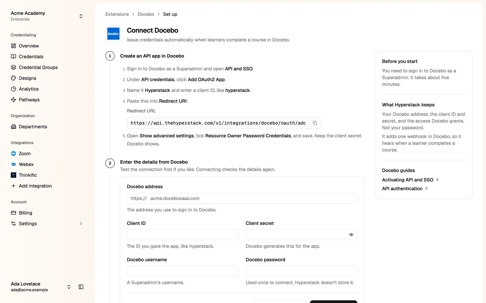 The Connect Docebo page with the steps and the connection form